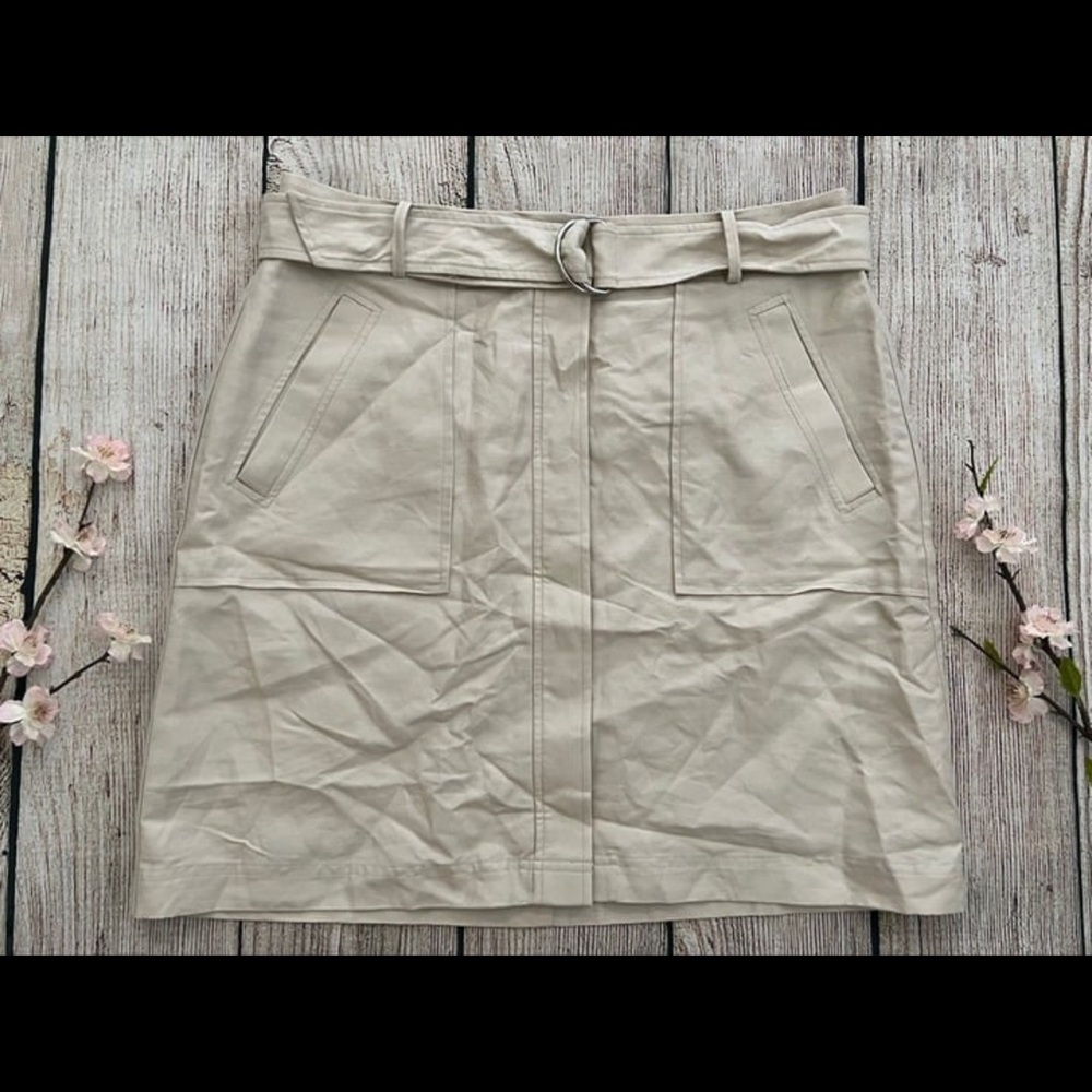 C1-- NWT beige ANN TAYLOR button knee length cotton linen belted skirt 14 $89